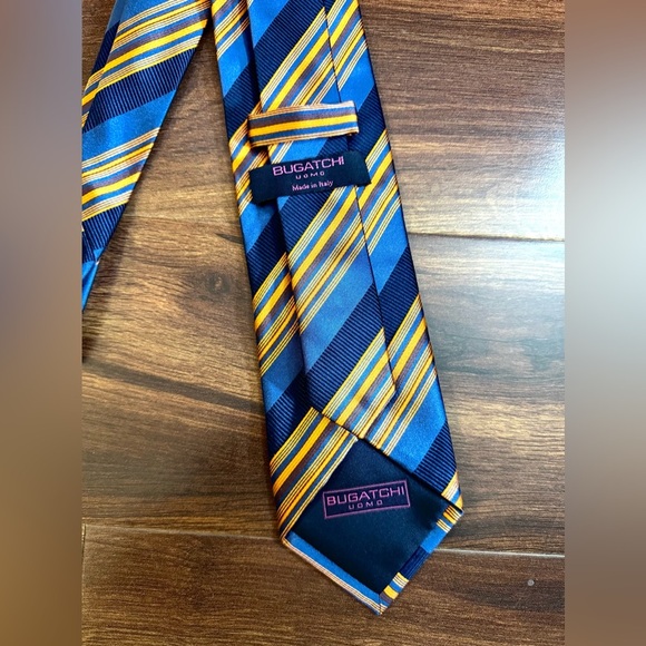 BUGATCHI Uomo Navy and Orange Striped Silk Tie Made In Italy - Picture 4 of 10